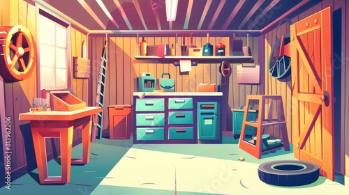 Modern cartoon of workshop interior in garage room with furniture and equipment. Toolbox  table  tire and metal rack in home storeroom near entrance.