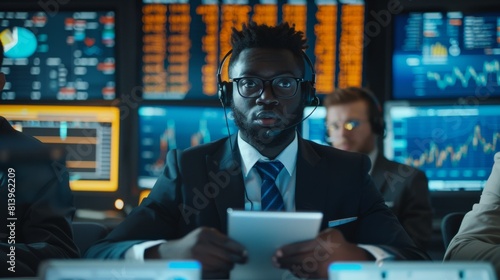 An impressive portrait of a group of handsome stock exchange brokers working at the exchange. Businessmen wear audio headsets, use tablets as well as monitor financial reports and data charts showing