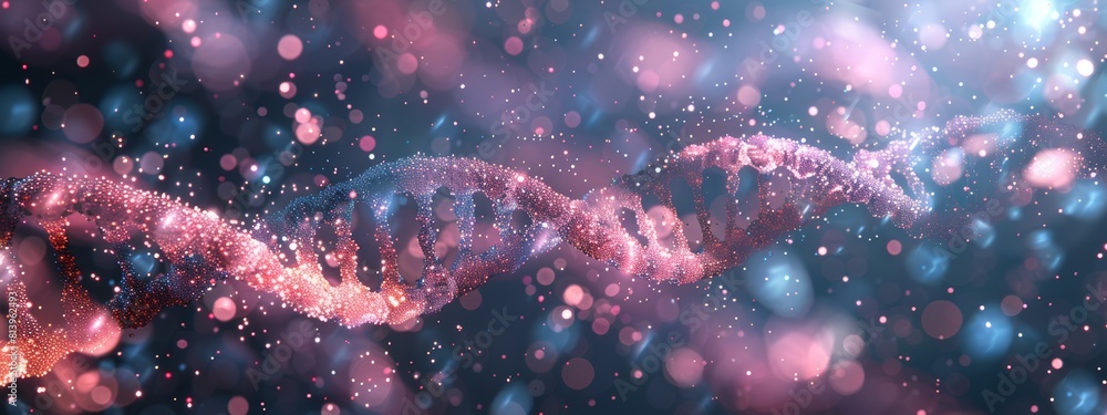 3D render of a DNA spiral with glowing particles, a neon pink and blue color scheme, a dark background, in a cinematic style, with a bokeh effect and depth of field. 3D render of a DNA spiral with glowing particles, a neon pink and blue color scheme, a dark background, in a cinematic style, with a bokeh effect and depth of field.