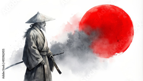 Watercolor illustration of Samurai and big red sun. Traditional Japanese ink wash painting