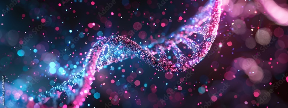 3D render of a DNA spiral with glowing particles, a neon pink and blue color scheme, a dark background, in a cinematic style, with a bokeh effect and depth of field. 3D render of a DNA spiral with glowing particles, a neon pink and blue color scheme, a dark background, in a cinematic style, with a bokeh effect and depth of field.