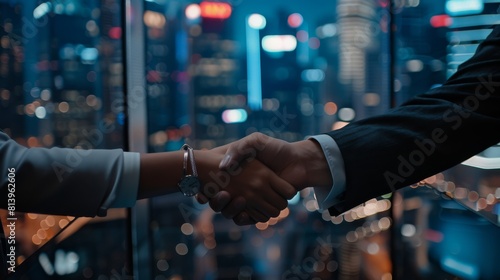 Business Partners Signing Successful Deal in Office Skyscraper. CEO and Investment Associate Shaking Hands on Financial Opportunity.