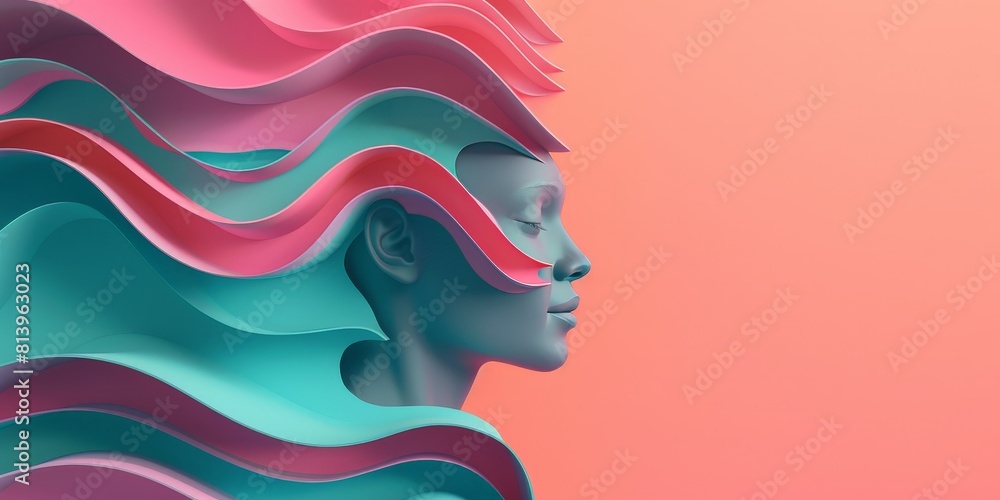 3D rendering of a woman's head with flowing hair made of colorful ribbons. 3D rendering of a woman's head with flowing hair made of colorful ribbons.