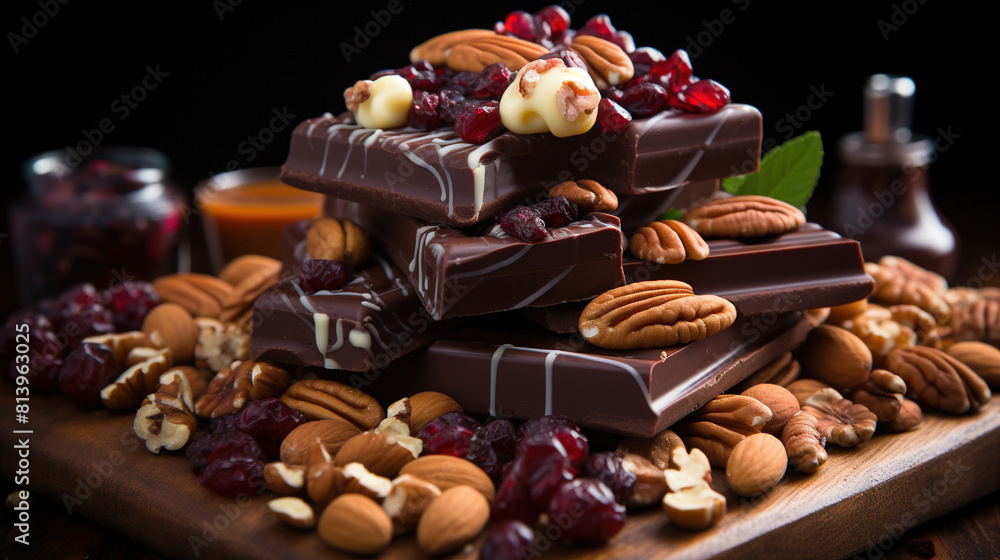 Delicious Chocolates And Nuts on Table With Candles on Dark Blurry Colorful Background Delicious Chocolates And Nuts on Table With Candles on Dark Blurry Colorful Background