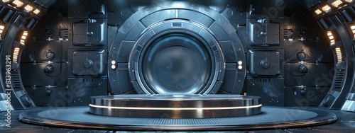 3D render of a silver sci-fi portal with a round stage on the floor and a futuristic background in the style of a sci-fi tech design concept.