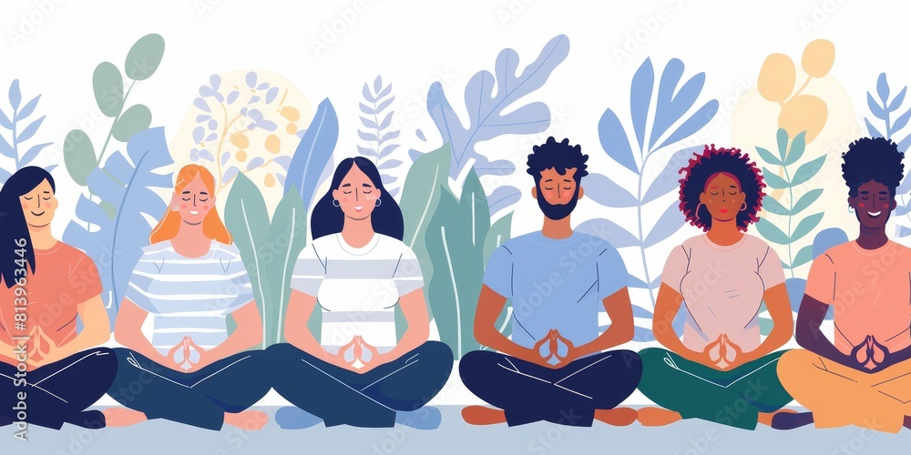 Group of diverse people meditating in lotus pose. Concept of yoga, meditation, mindfulness and alternative medicine. Vector illustration. Group of diverse people meditating in lotus pose. Concept of yoga, meditation, mindfulness and alternative medicine. Vector illustration.