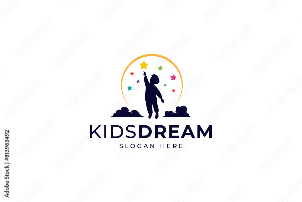 vector design logo of a silhouette of a boy reaching for a colorful star on a moon and clouds background vector design logo of a silhouette of a boy reaching for a colorful star on a moon and clouds background