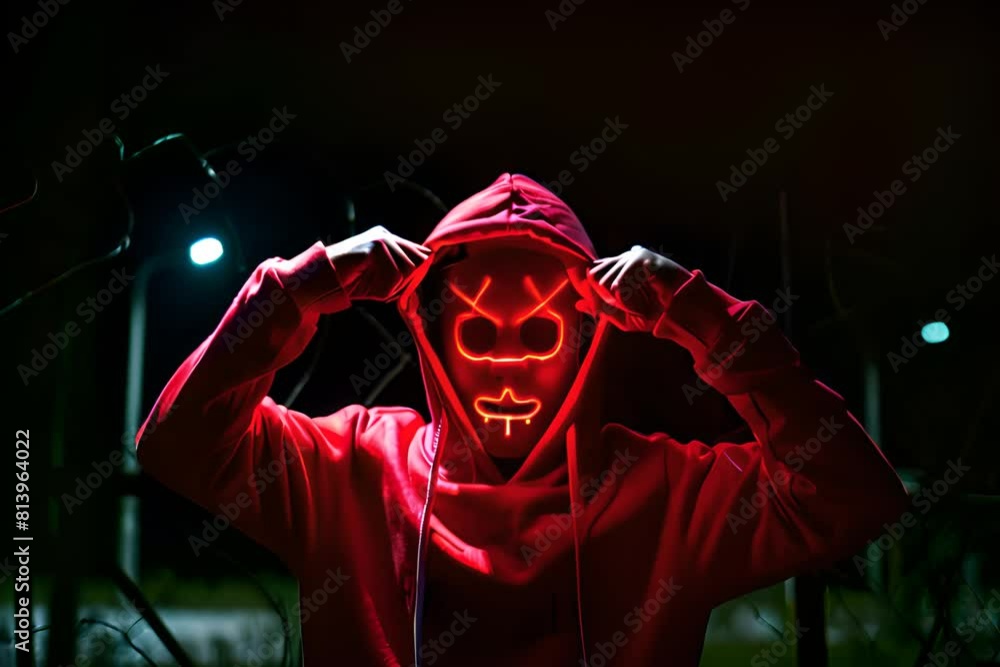 A man in a red hoodie with a neon glowing mask on his face A man in a red hoodie with a neon glowing mask on his face