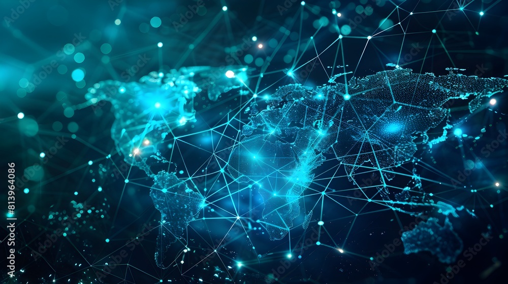 Global Digital Connection Concept: Surreal Digital Map of World Network Connections on Deep Ocean Blue Backdrop with Bioluminescent Plankton and Global Digital Connection Concept: Surreal Digital Map of World Network Connections on Deep Ocean Blue Backdrop with Bioluminescent Plankton and