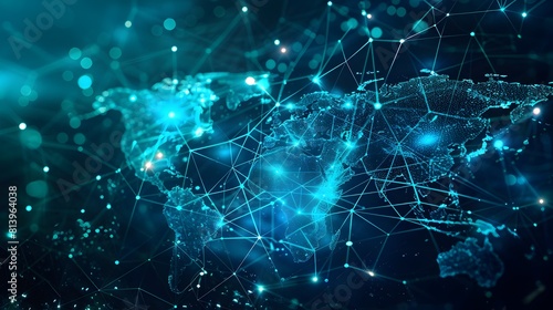 Global Digital Connection: A Surreal Digital Map of the World Showcasing Network Connections through Bioluminescent Plankton in a Deep Ocean Blue