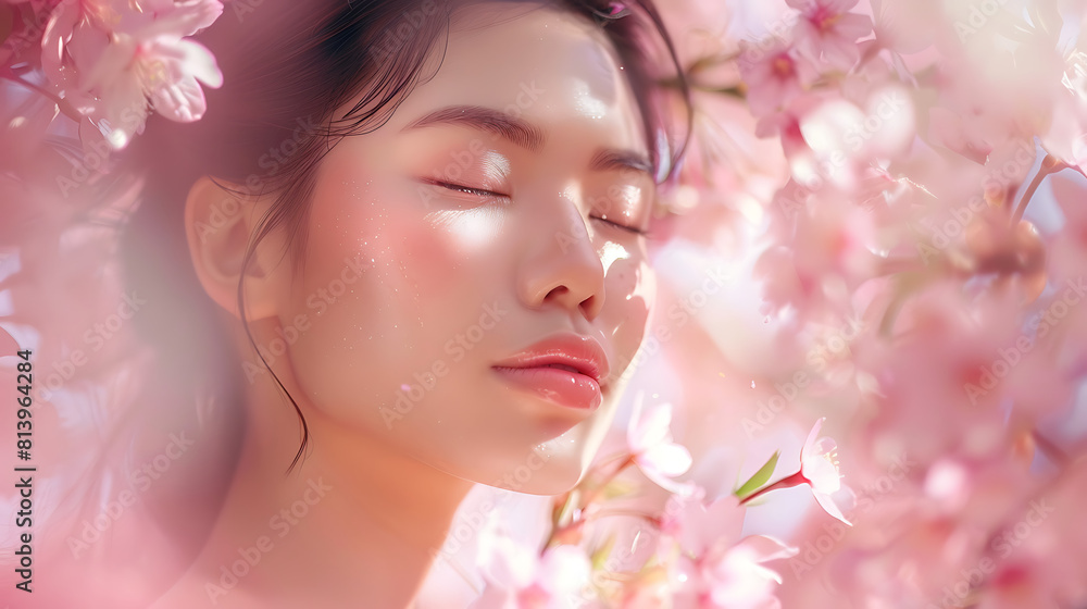 Tranquil Blossom Dreams: A Serene Portrait of a Cartoon Woman with Sakura Flower Hair Tranquil Blossom Dreams: A Serene Portrait of a Cartoon Woman with Sakura Flower Hair