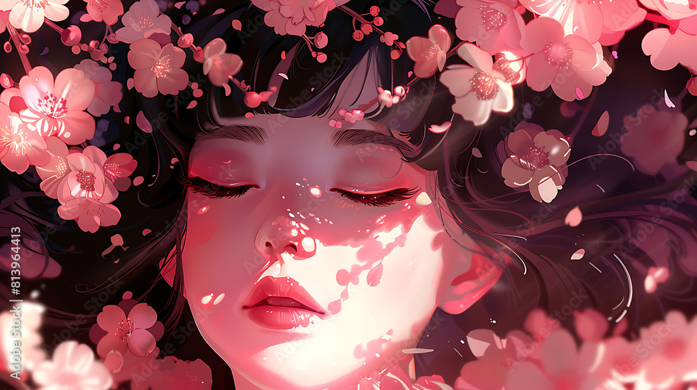 Tranquil Blossom Dreams: A Serene Portrait of a Cartoon Woman with Sakura Flower Hair Tranquil Blossom Dreams: A Serene Portrait of a Cartoon Woman with Sakura Flower Hair