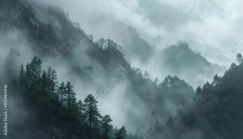 A high-resolution image featuring a cluster of ancient pine trees on a misty mountain slope  their stoic presence and towering heights creating a timeless and serene alpine landscape