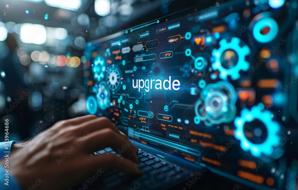 Man upgrading software on a laptop with dynamic tech interface graphics Man upgrading software on a laptop with dynamic tech interface graphics