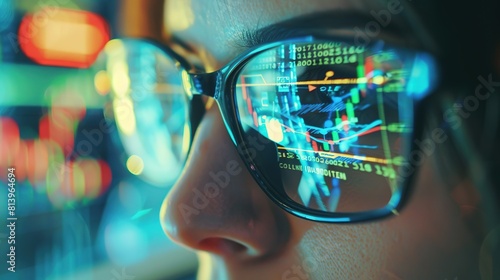 Macro image of woman working using computer Concept of business technology and bullish stock market. Stock market graph reflected on glasses. Focus on a specific point photo