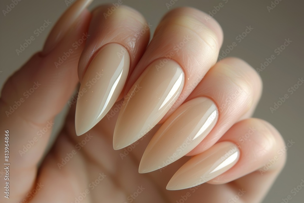 A closeup of the hand with perfect manicure, showing off squareshaped nails in light beige color A closeup of the hand with perfect manicure, showing off squareshaped nails in light beige color