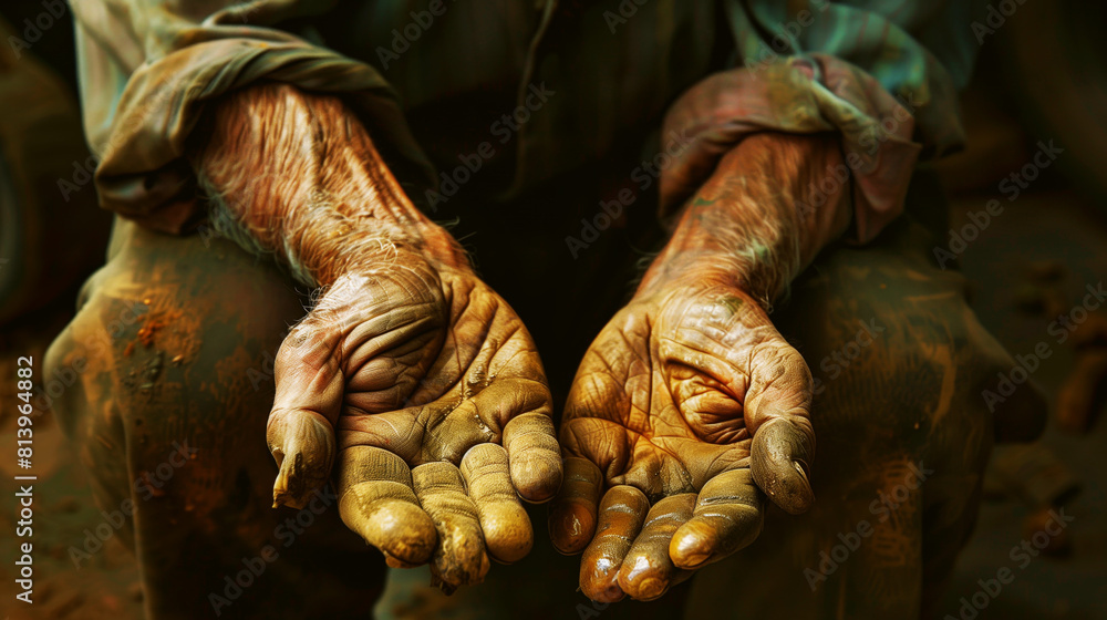 Close-up of an elderly person's hands covered in dirt, symbolizing hard work and labor. Close-up of an elderly person's hands covered in dirt, symbolizing hard work and labor.