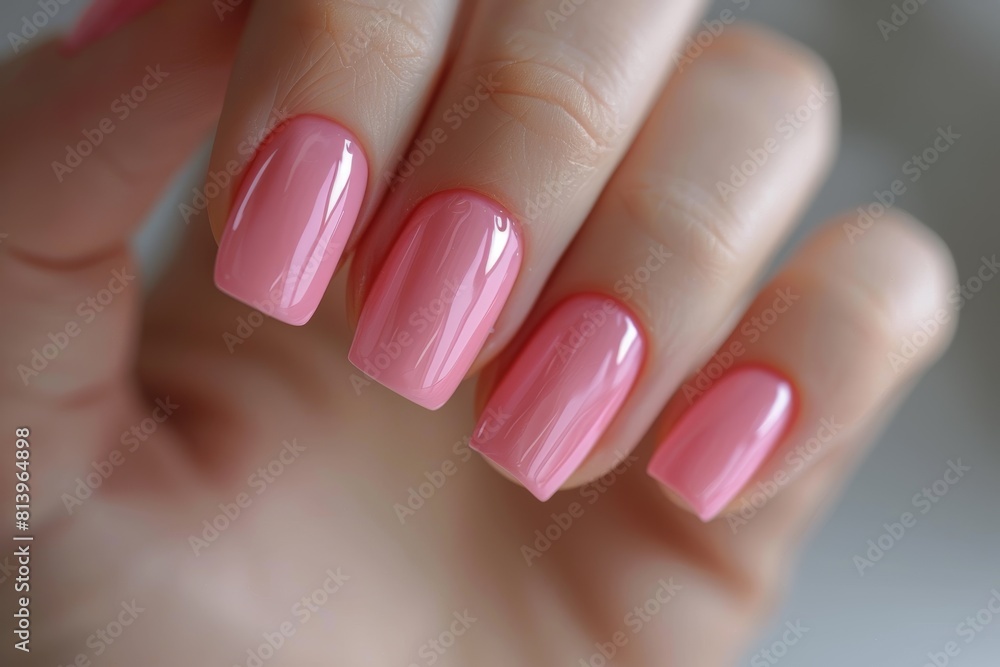 A closeup of the hand with short, well-groomed nails in a light pink color, showcasing clean and smooth nail polish A closeup of the hand with short, well-groomed nails in a light pink color, showcasing clean and smooth nail polish