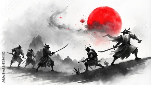 Watercolor illustration of Samurai battles Traditional Japanese ink wash painting 