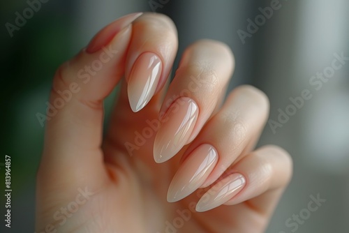 A closeup of the beautiful hand with well-groomed nails  featuring soft and gentle colors in shades of beige or light pink  showcasing a perfect manicure that exudes elegance and c