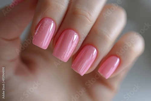 A closeup of the hand with short  well-groomed nails in a light pink color  showcasing clean and smooth nail polish