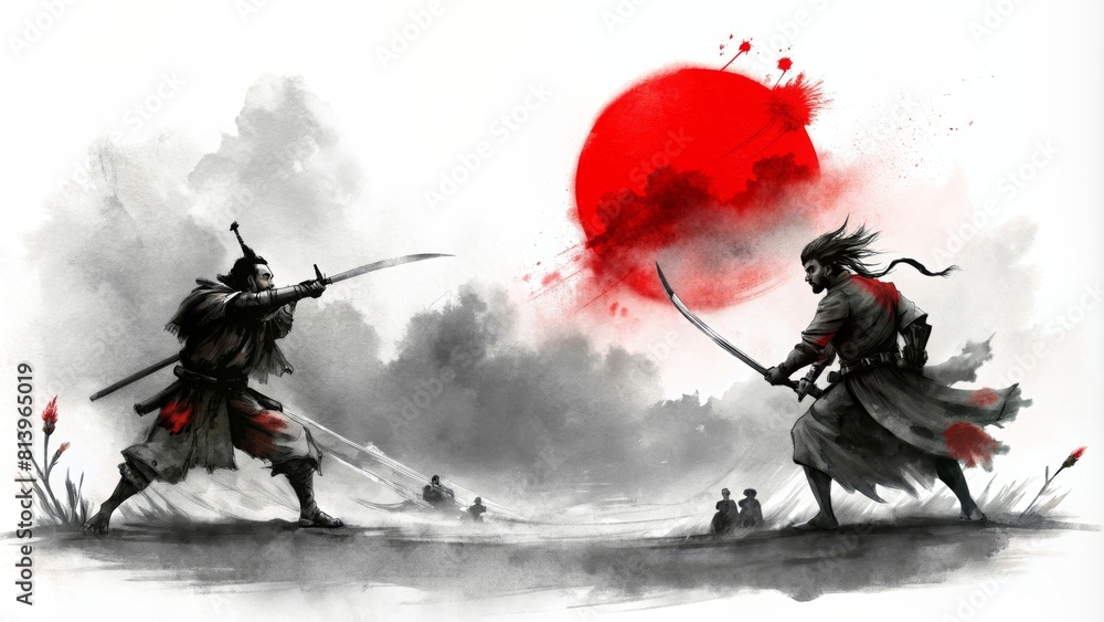 Watercolor illustration of Samurai battles Traditional Japanese ink wash painting Watercolor illustration of Samurai battles Traditional Japanese ink wash painting