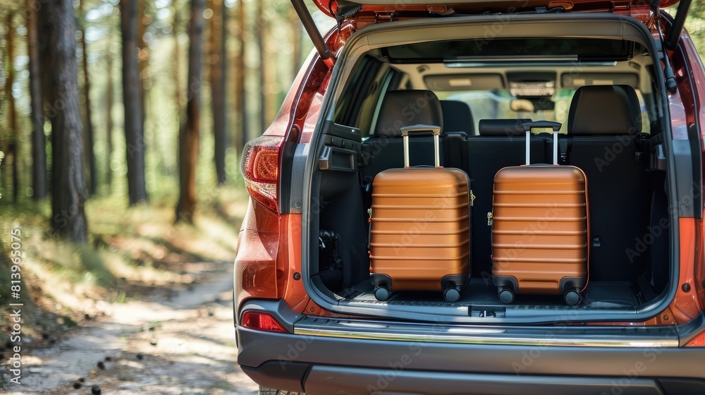 Family road trip, A suv car opens its trunk with luggage, Ready for road trip Family road trip, A suv car opens its trunk with luggage, Ready for road trip