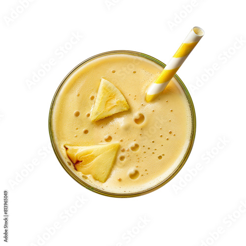 glass of fresh pineapple juice isolated on white background, top view
