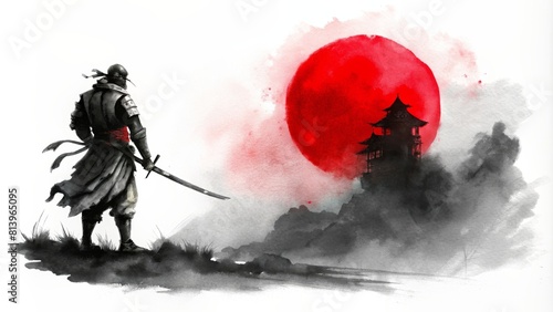 Watercolor illustration of Samurai and big red sun. Traditional Japanese ink wash painting 