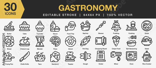 Set of 30 Gastronomy icon set. Editable Stroke Icon Collection. Includes cake, butter, mixer, oven, dough, toaster and More. Outline icons vector collection.