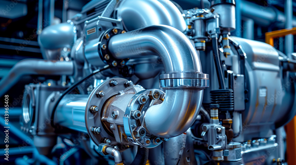A close-up view of shiny metal industrial piping and machinery in a complex setup. A close-up view of shiny metal industrial piping and machinery in a complex setup.