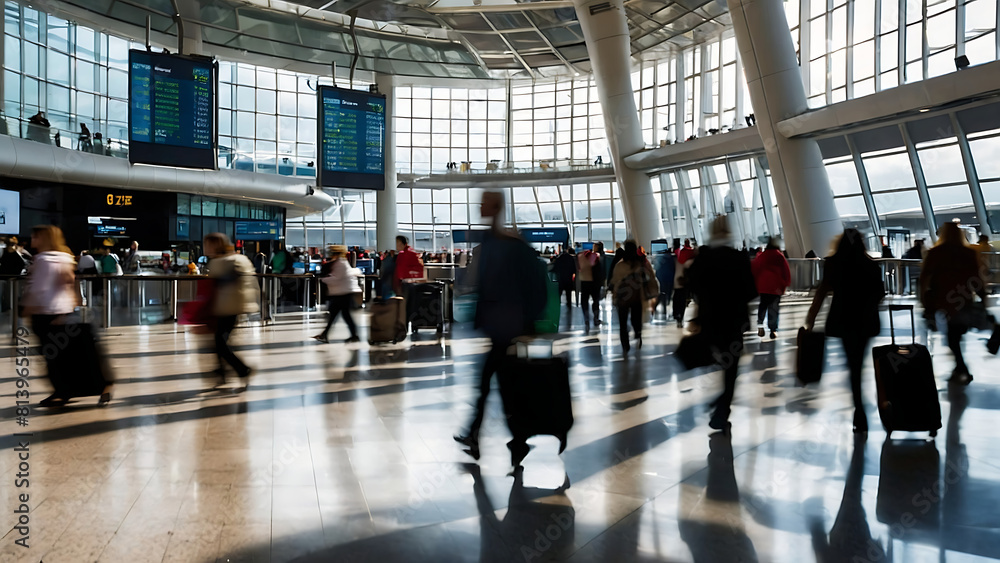 a busy airport terminal with people walking around, motion blurred photo a busy airport terminal with people walking around, motion blurred photo