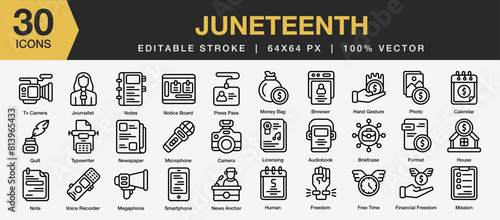 Set of 30 Juneteenth icon set. Editable Stroke Icon Collection. Includes journalist, notes, freedom, mission, licensing and More. Outline icons vector collection.