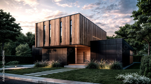 Modern luxury minimalist cubic house, villa with wooden cladding and black panel walls and landscaping design front yard.
