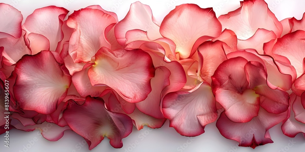 Obraz premium Pink Rose Petals Closeup on White Background - Perfect for Web Banner. Concept Floral Photography, Nature, Closeup Shots, Rose Petals, White Background
