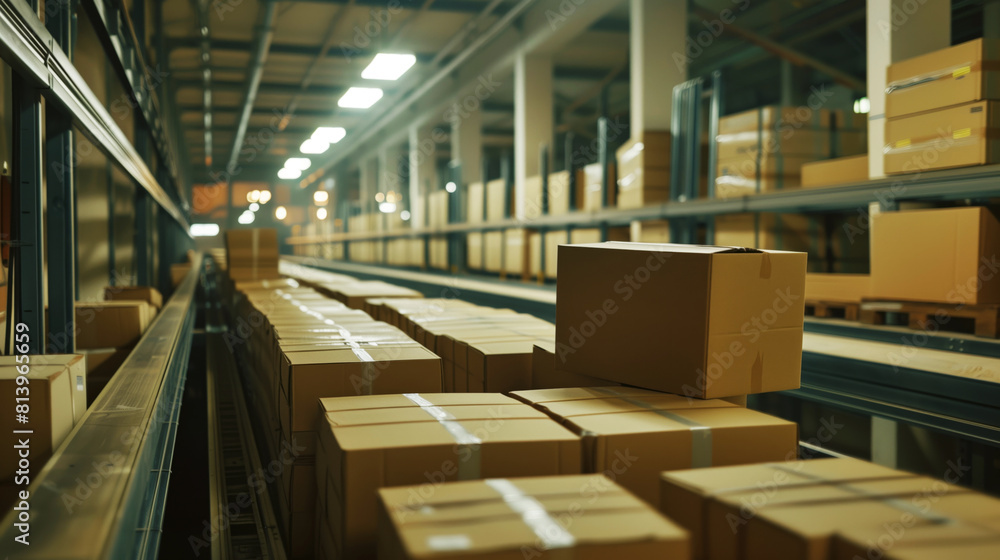 Rows of cardboard boxes on conveyor belts in a modern distribution warehouse.