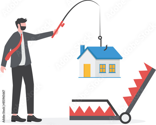 Real estate fraud. Businessman tries to get house out of bear trap. Vector

