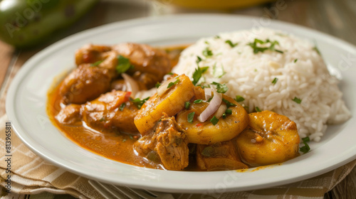 Serving of traditional kenyan chicken stew with white rice and ripe plantains, adorned with fresh herbs on a rustic wooden table © Michael