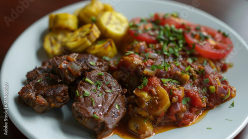 Traditional kenyan meal with grilled meat, fresh tomato salad, and fried plantains, a beloved dish in kenyan cuisine photo