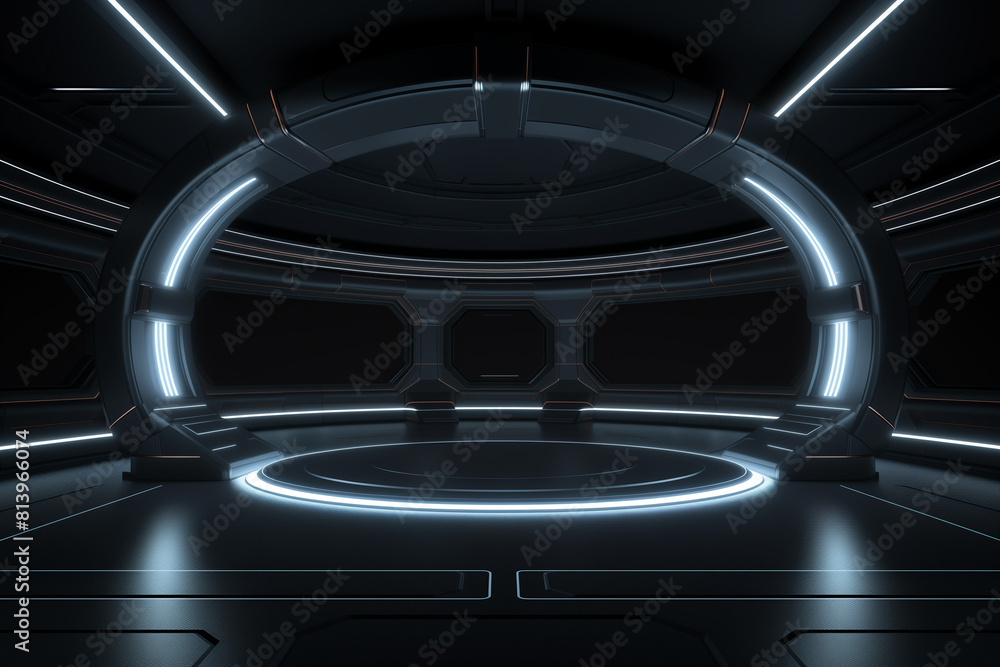 Empty dark room, Modern Futuristic Sci Fi Background. 3D illustration Empty dark room, Modern Futuristic Sci Fi Background. 3D illustration