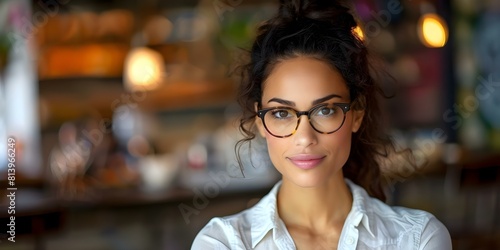 Portrait of a biracial woman with frizzy hair wearing a white shirt and glasses in a cafe. Concept Portrait Photography  Diversity in Fashion  Glasses Style  Cafe Vibes  Natural Hair Styling
