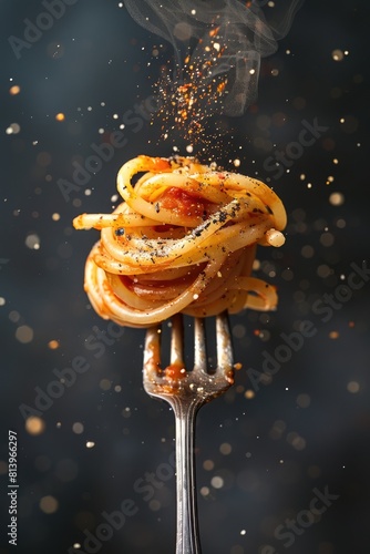 Twirling Spaghetti on Fork with Sauce Splatter Mid-Air