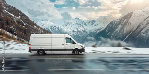 White van driving through snowy mountain pass. photo