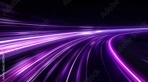Light neon light of purple road lines. Laser effect of a trace of abstract stripes from fast movement. LED curved rays on a black background.