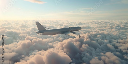 A large passenger plane is flying high above the clouds.