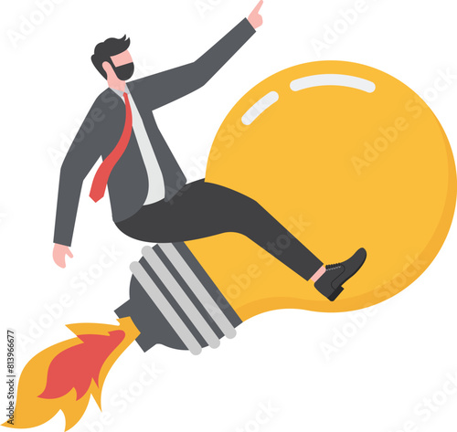 Creativity wins the crisis. Optimization for growth. Businessman riding a light bulb rocket through crisis or volatility.
