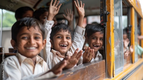 Handsome cute little Indian boys or kids in white ethnic wear standing in the bus looking towards camera waving their hands.