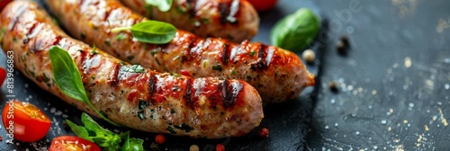 Close up of grilled sausages with fresh herbs and spices on black stone plate