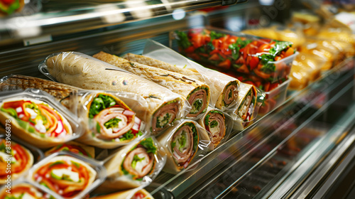 Assorted pre-packaged sandwiches and wraps displayed in a refrigerated deli case.