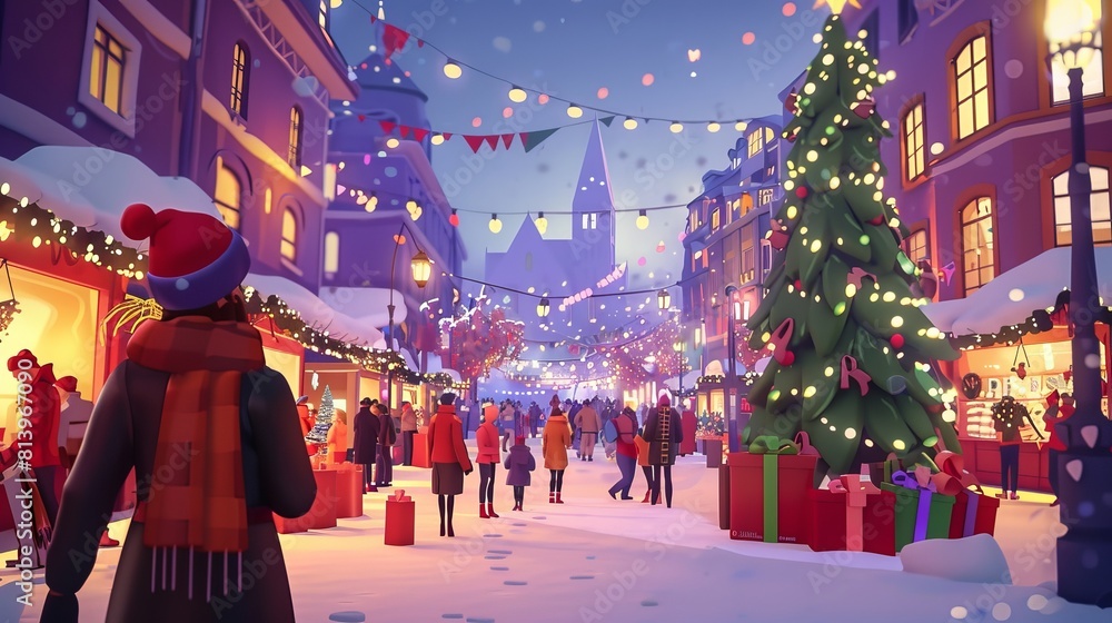 Christmas market scene with people. Winter X-mas season in town. Young girl character greets and celebrates New Year near a tree. Traditional hot drink during the month of December in an urban park. Christmas market scene with people. Winter X-mas season in town. Young girl character greets and celebrates New Year near a tree. Traditional hot drink during the month of December in an urban park.